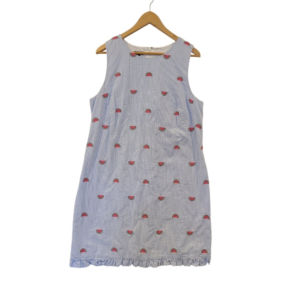 Talbots Womens Blue Seersucker Watermelon Embroidered Ruffle Shift Dress 16